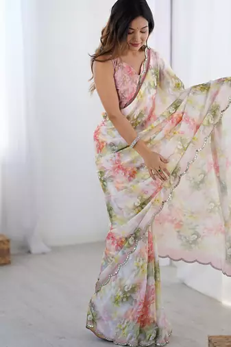 multicolor heavy chiffon mirror work saree