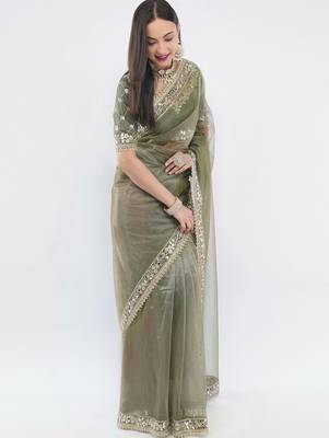 Olive net embellished saree with blouse 3