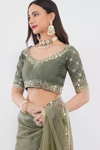 Olive net embellished saree with blouse