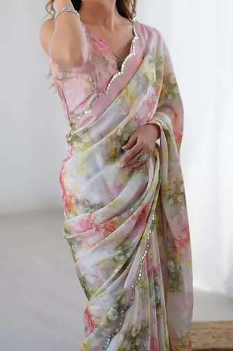 multicolor heavy chiffon mirror work saree