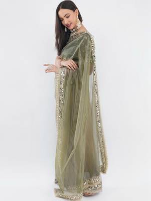 Olive net embellished saree with blouse 5
