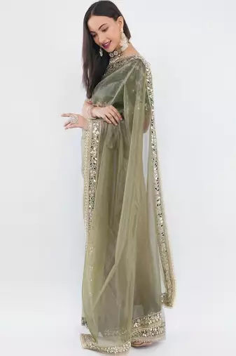 Olive net embellished saree with blouse