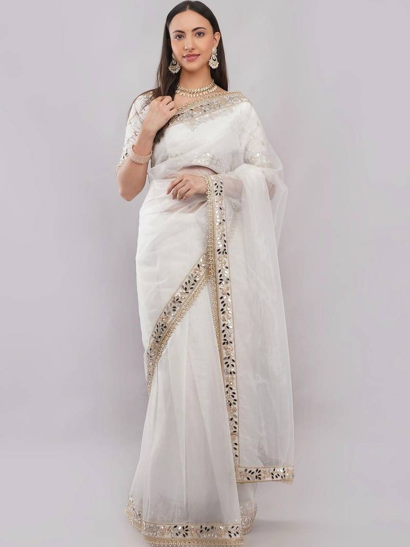 White net embellished saree with blouse