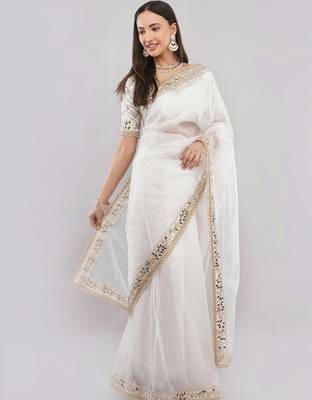 White net embellished saree with blouse 3