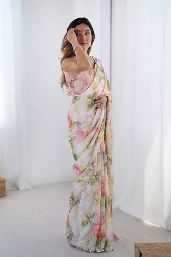 multicolor heavy chiffon mirror work saree