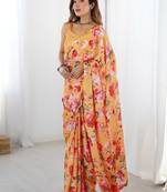peach heavy chiffon mirror work saree