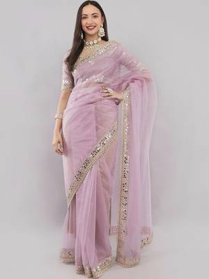 Pink net embellished saree with blouse 1