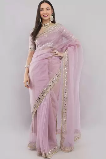 Pink net embellished saree with blouse