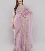 Pink net embellished saree with blouse