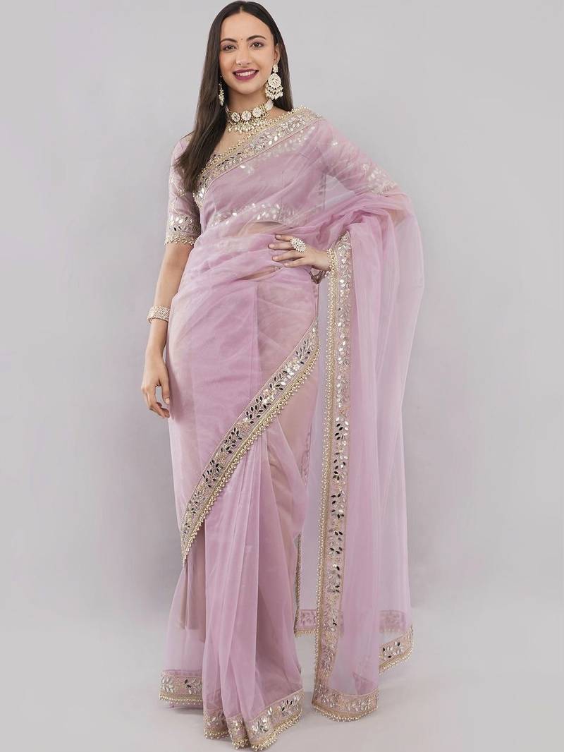 Pink net embellished saree with blouse