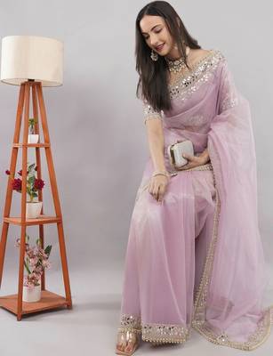 Pink net embellished saree with blouse 2