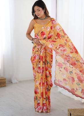 peach heavy chiffon mirror work saree 3