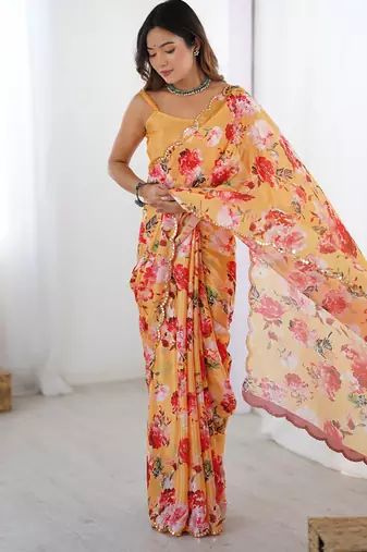peach heavy chiffon mirror work saree