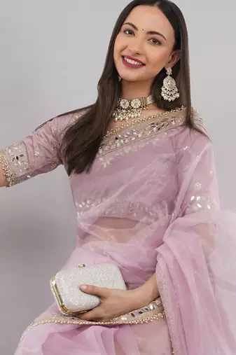 Pink net embellished saree with blouse