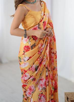 peach heavy chiffon mirror work saree 5