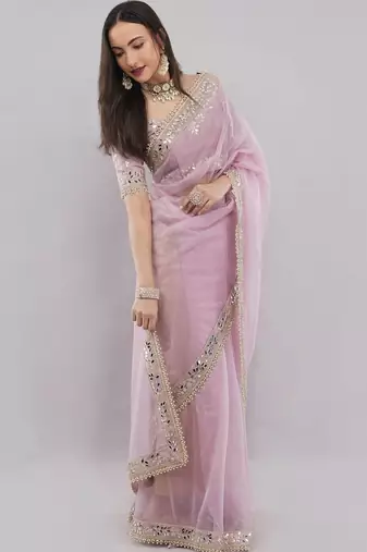 Pink net embellished saree with blouse