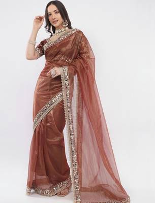 Brown net embellished saree with blouse 1