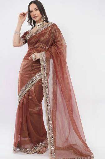 Brown net embellished saree with blouse