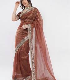 Brown net embellished saree with blouse