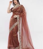 Brown net embellished saree with blouse