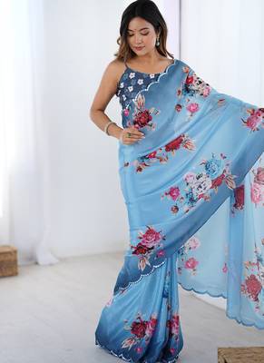 aqua blue heavy chiffon mirror work saree 1
