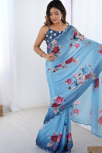 aqua blue heavy chiffon mirror work saree