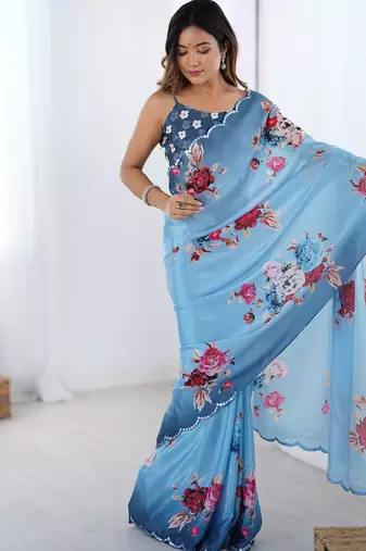 aqua blue heavy chiffon mirror work saree