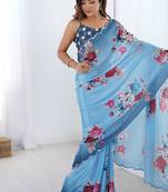 aqua blue heavy chiffon mirror work saree