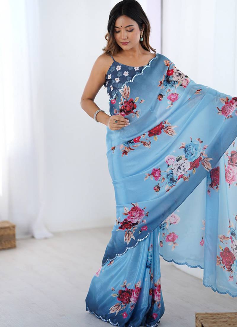 aqua blue heavy chiffon mirror work saree