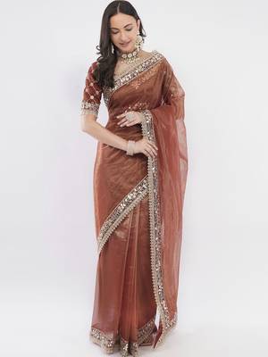 Brown net embellished saree with blouse 2