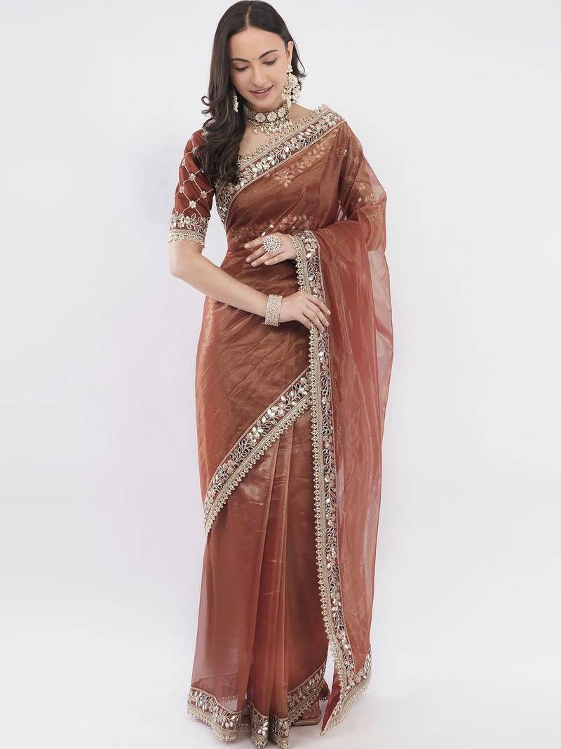 Brown net embellished saree with blouse