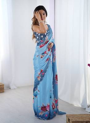 aqua blue heavy chiffon mirror work saree 2