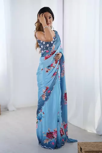 aqua blue heavy chiffon mirror work saree