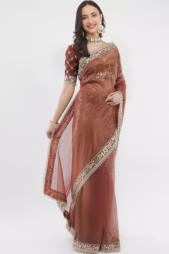 Brown net embellished saree with blouse