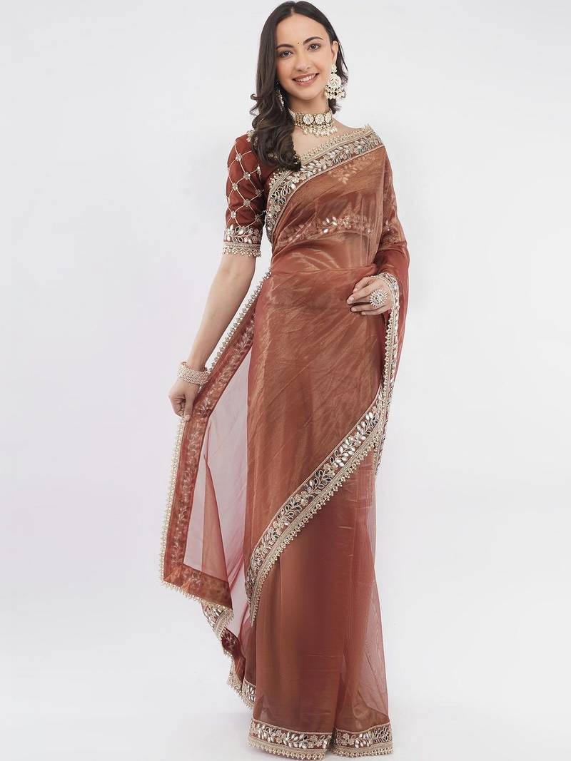 Brown net embellished saree with blouse