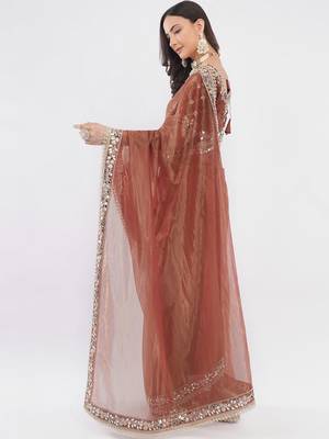 Brown net embellished saree with blouse 4