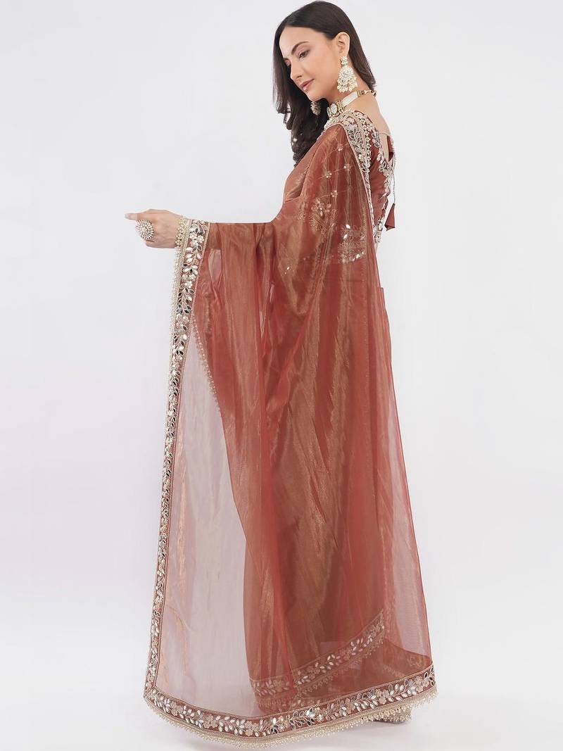 Brown net embellished saree with blouse