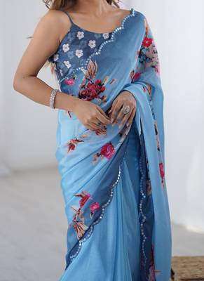 aqua blue heavy chiffon mirror work saree 3