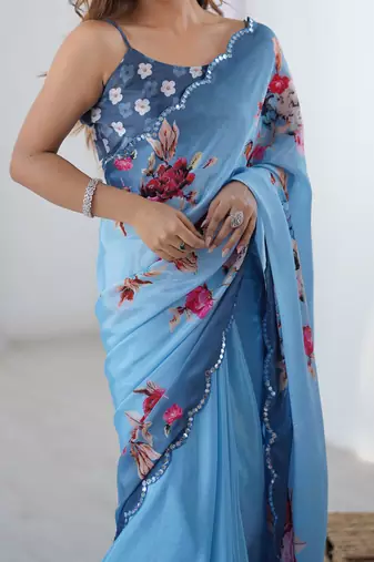 aqua blue heavy chiffon mirror work saree