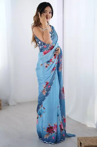 aqua blue heavy chiffon mirror work saree