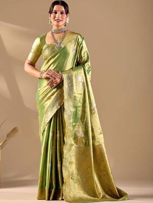 Lime silk blend woven design saree with blouse 1
