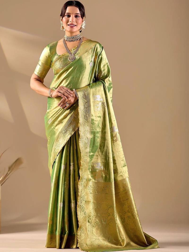 Lime silk blend woven design saree with blouse