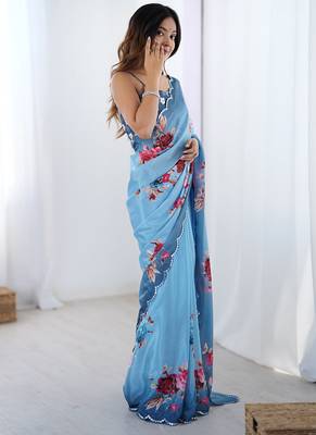 aqua blue heavy chiffon mirror work saree 5