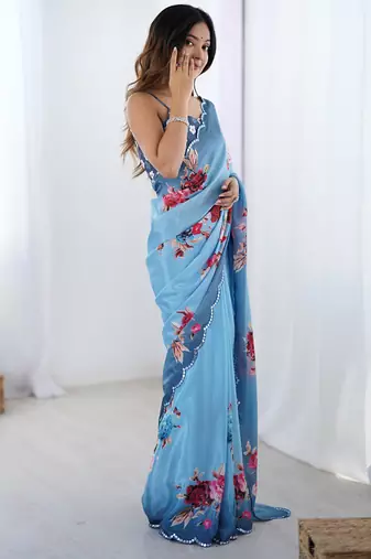 aqua blue heavy chiffon mirror work saree