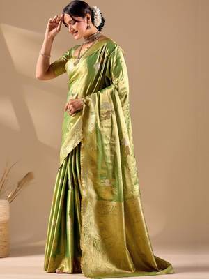 Lime silk blend woven design saree with blouse 2