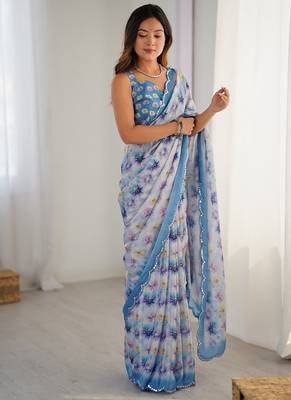 sky blue heavy chiffon mirror work saree 1