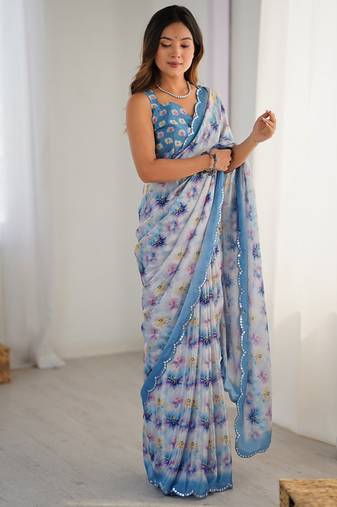 sky blue heavy chiffon mirror work saree