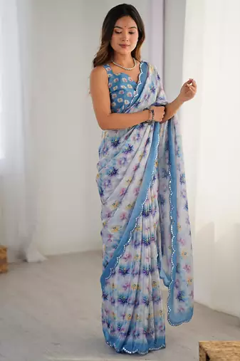 sky blue heavy chiffon mirror work saree