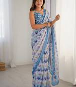 sky blue heavy chiffon mirror work saree