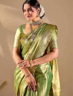Lime silk blend woven design saree with blouse 3
